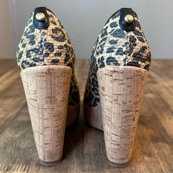 Stuart Weitzman Women’s Raffia Leopard Chetah Leather Cork Wedge Pumps Size 6 - Picture 5 of 10
